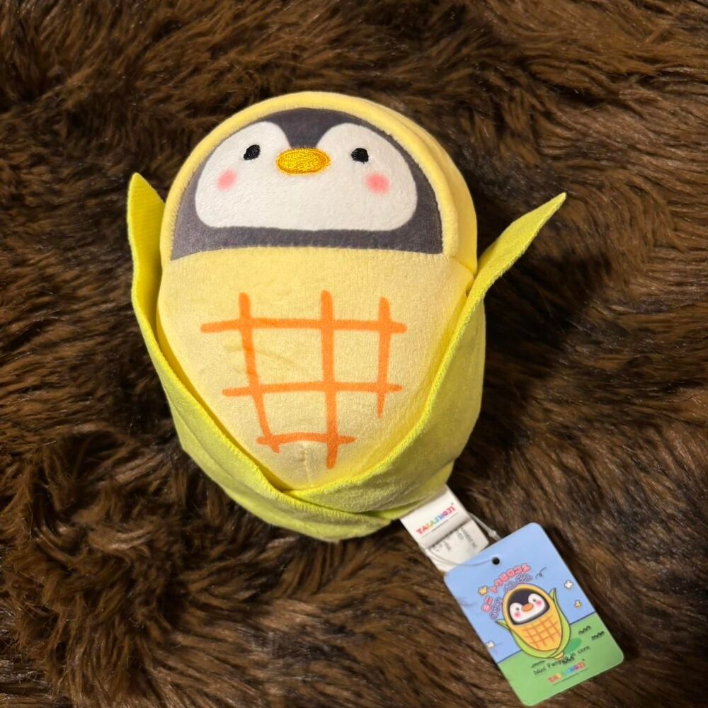 Takashi Murakami Yellow Corn on the Cob Penguin Plush Toy w/ Orange Grid Pattern